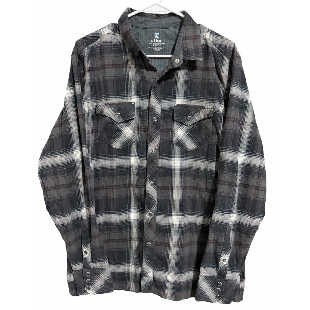 Kuhl Gray Pearl Snap Lowdown Outdoor Hiking Western Plaid Shirt Men's Size Large